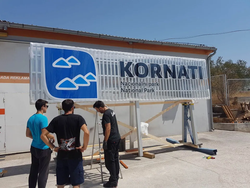 Kornati National Park panel on a steel frame in the Lineta workshop yard